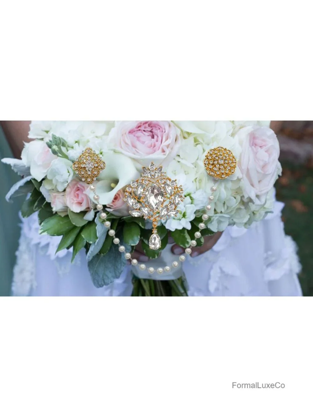 14 Pcs Rhinestone Brooch Pin Set Pearl Chain Bridal Bouquet Kit Gold